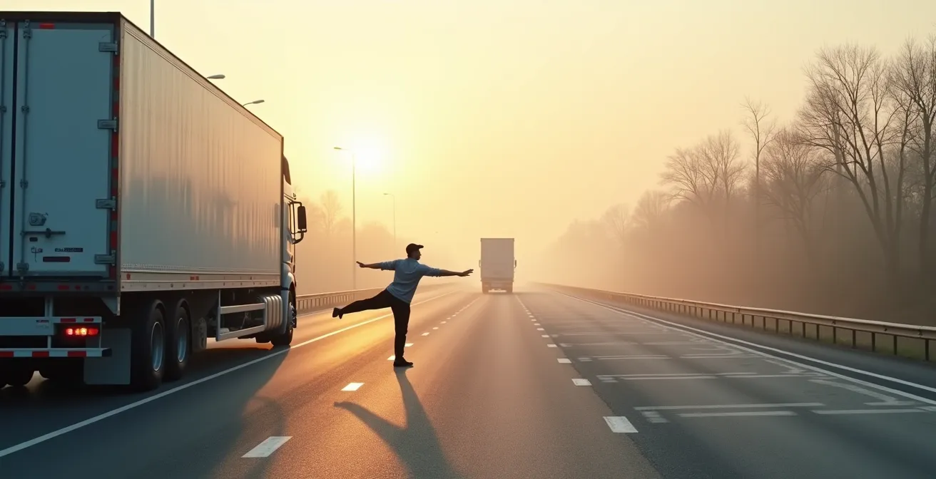 Aire de repos moderne avec chauffeur faisant des étirements près de son camion dans un environnement naturel