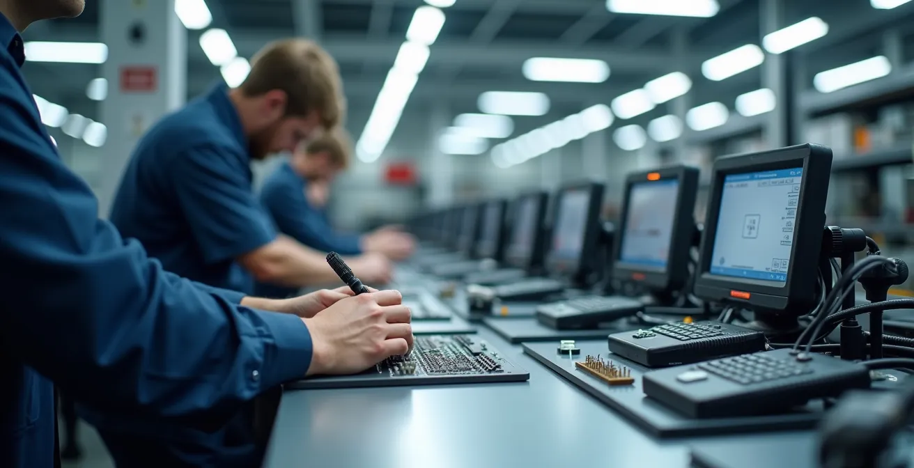 Atelier professionnel de clonage de calculateur avec équipements de diagnostic et de programmation sur un établi.