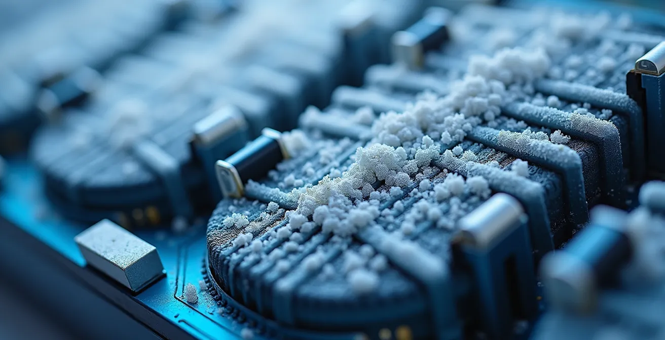 Vue macro d'une batterie lithium-ion avec cristaux de givre sur les connecteurs métalliques