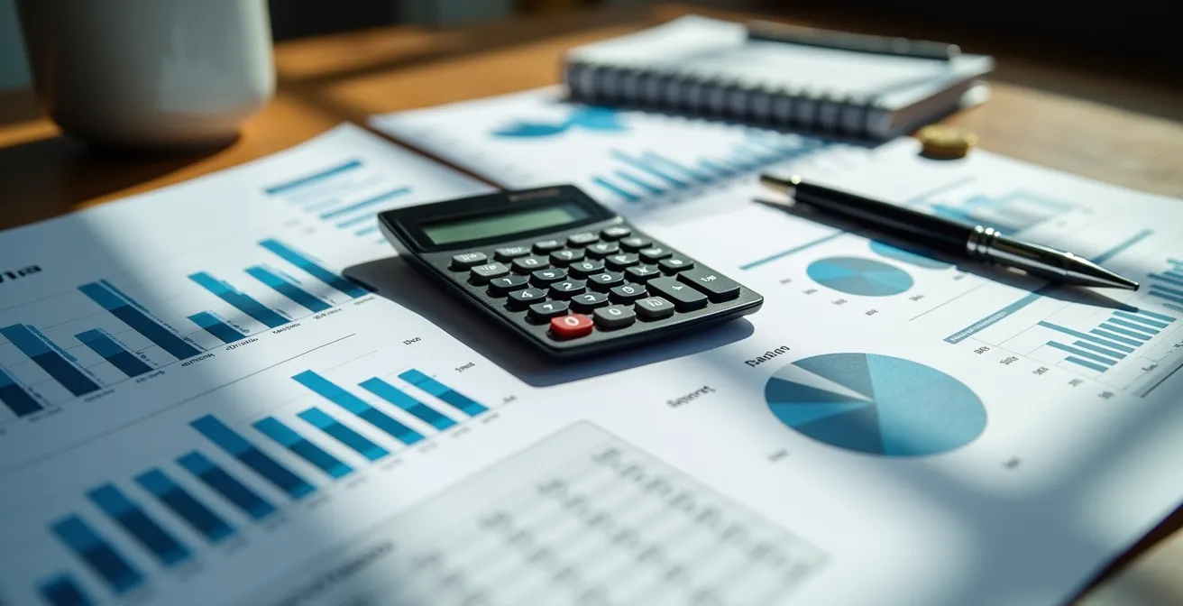 Calculatrice et documents fiscaux sur bureau avec graphiques de coûts