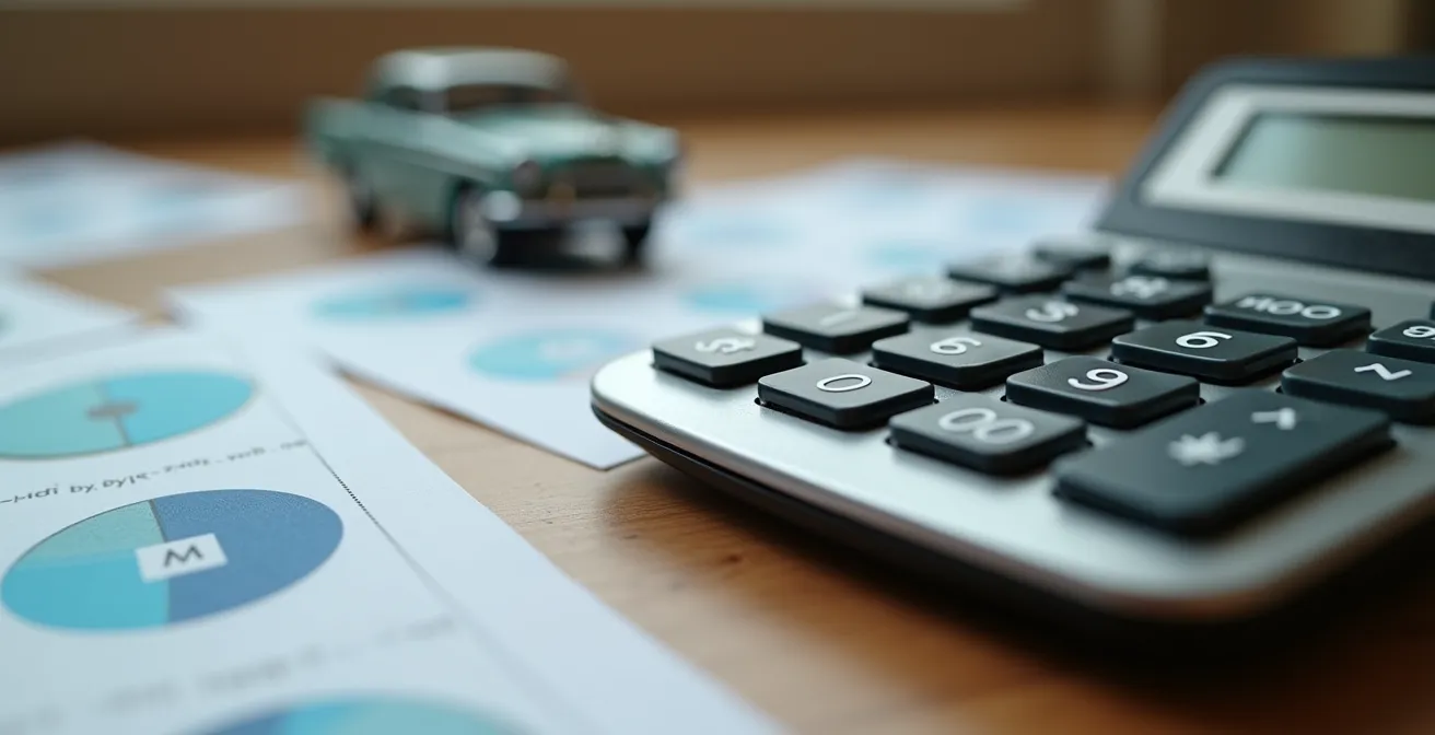 Calculatrice posée sur une table avec des documents financiers flous et une voiture miniature