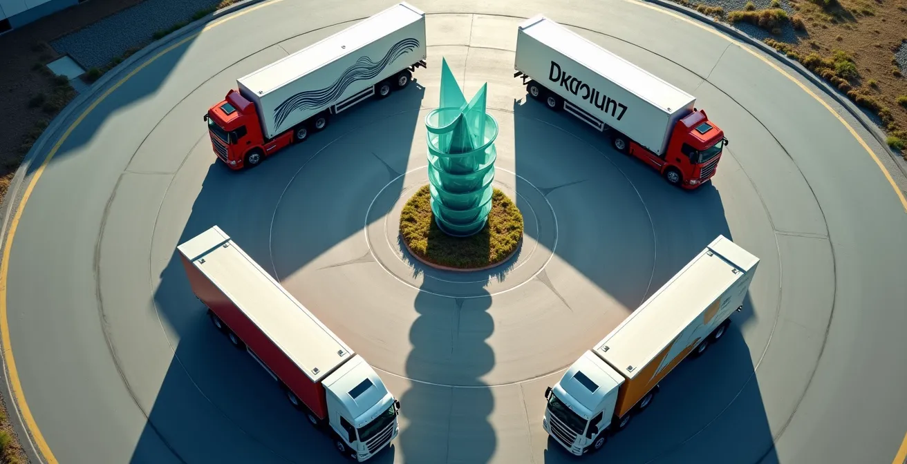Représentation symbolique du label Objectif CO2 avec camions et indicateurs de performance