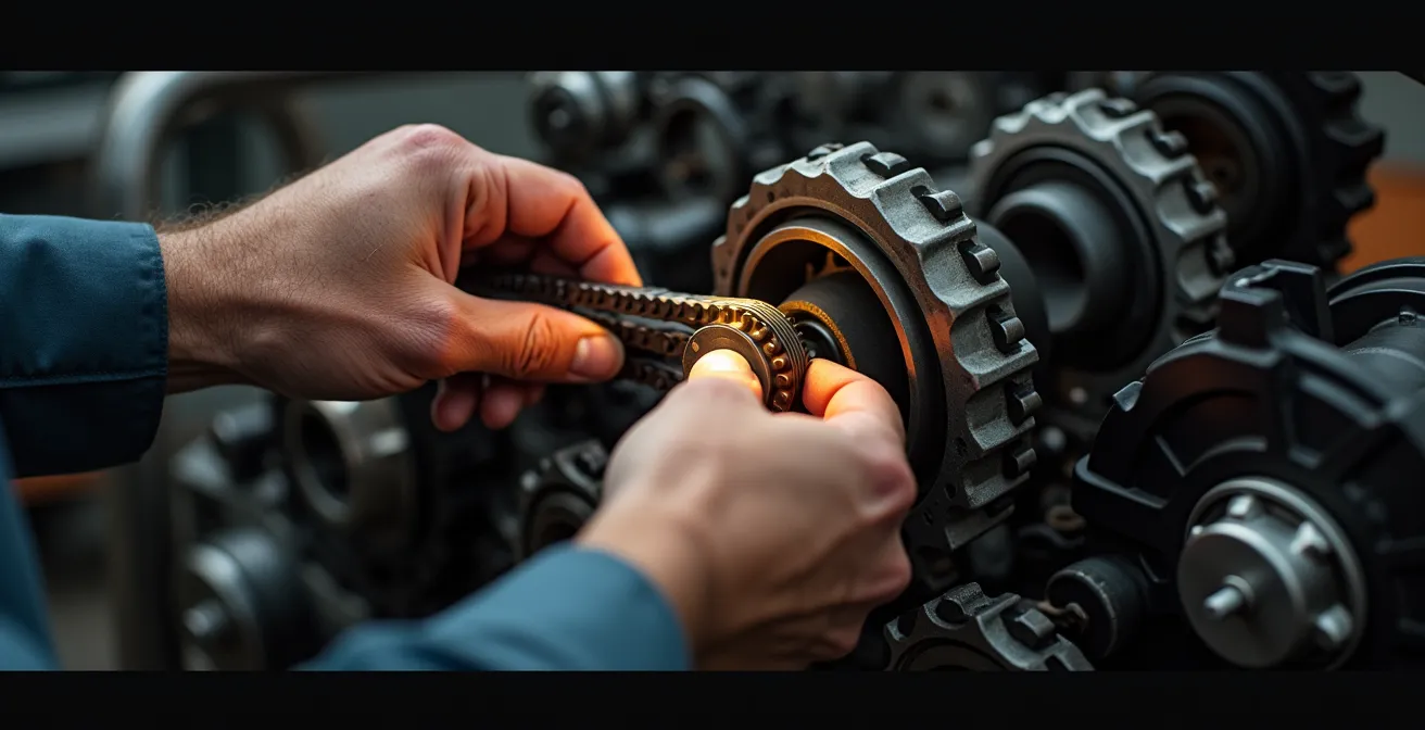 Vue détaillée d'une chaîne de distribution sur un moteur diesel moderne avec marques de calage visibles