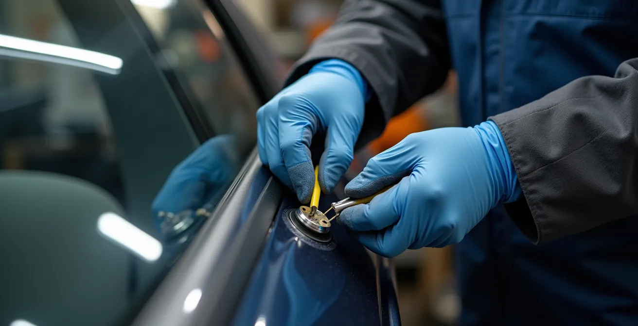 Mains gantées utilisant des outils de démontage en plastique pour retirer délicatement les clips d'une garniture de portière de voiture.