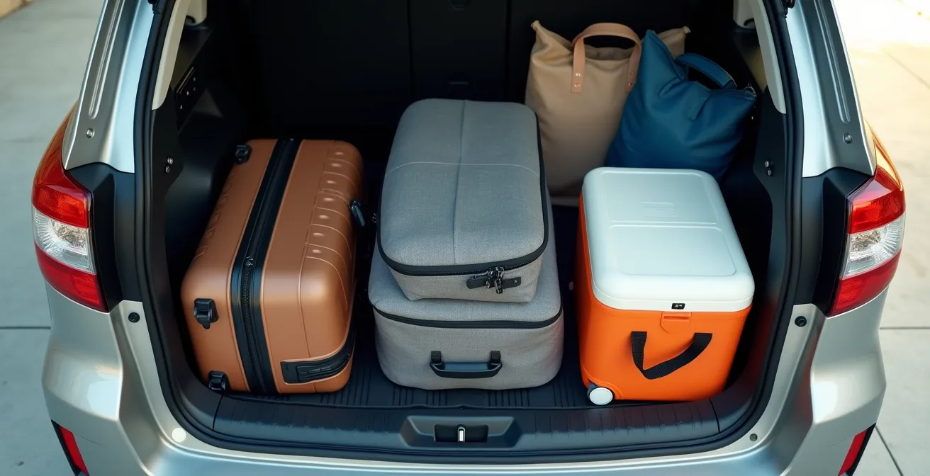 Vue plongeante comparative de coffres de SUV avec bagages de vacances, illustrant l'optimisation de l'espace.
