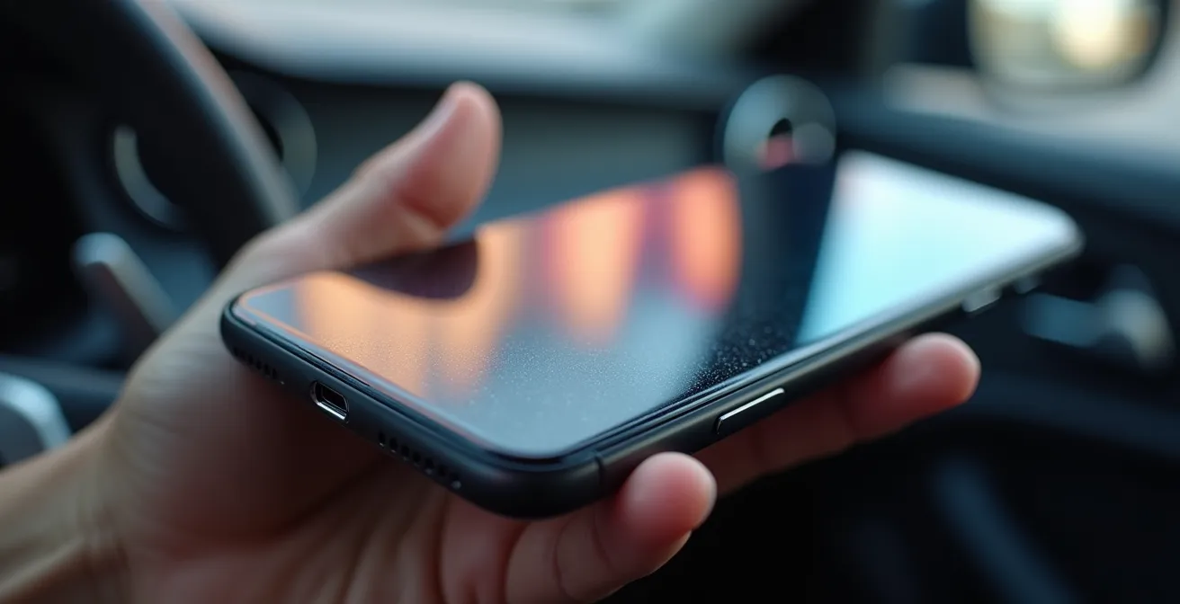 Vue macro détaillée d'un smartphone montrant des graphiques de diagnostic automobile