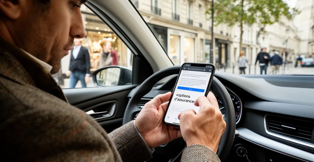 Conducteur consultant un devis d'assurance sur smartphone dans sa voiture