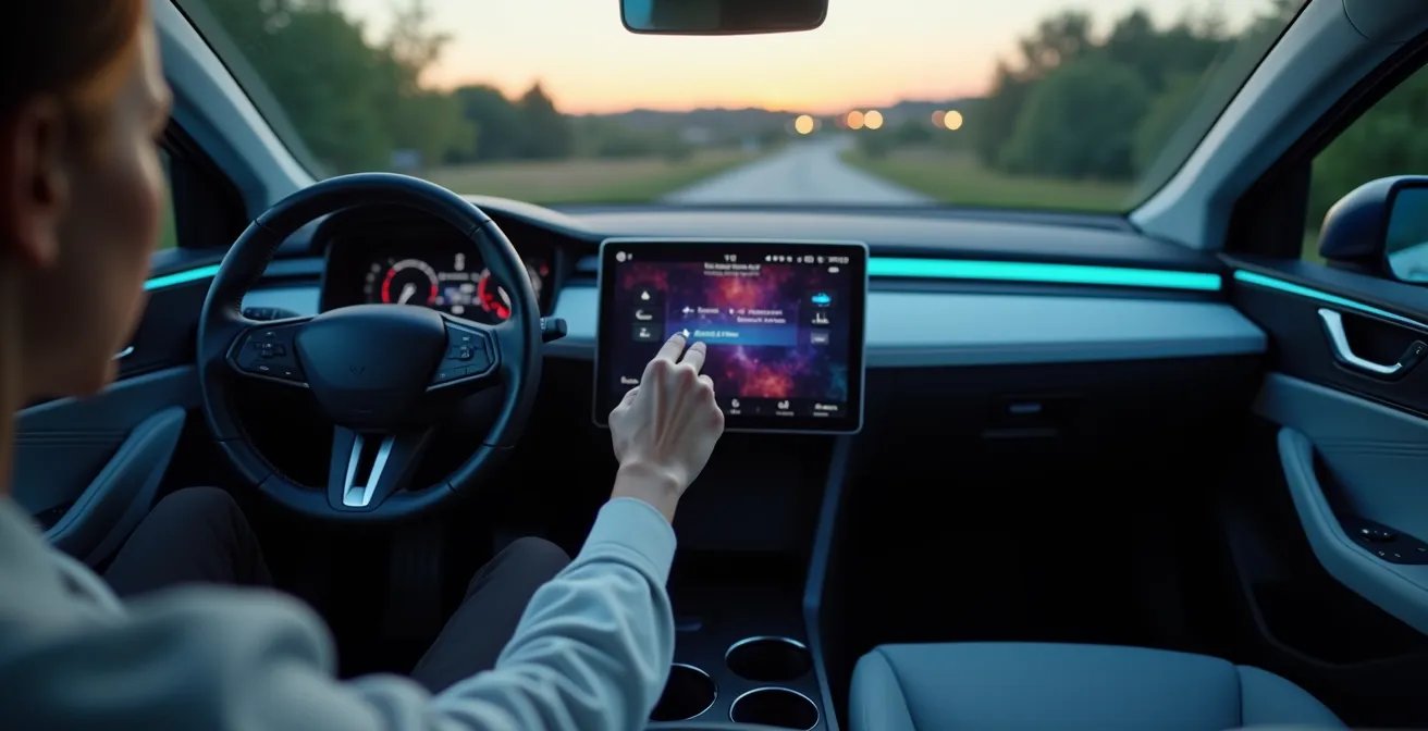 Conducteur utilisant l'écran tactile du tableau de bord pour programmer la charge de son véhicule électrique