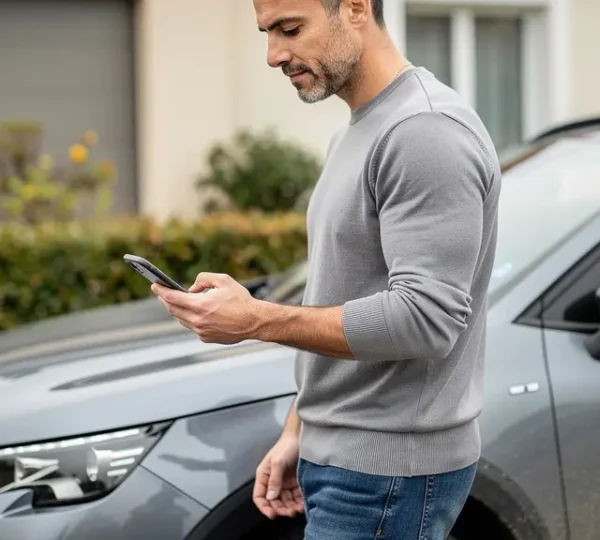 Conducteur français consultant devis assurance auto sur smartphone devant SUV compact