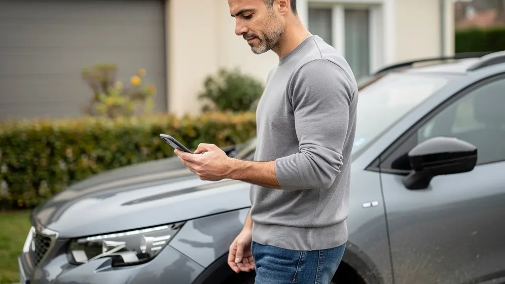 Conducteur français consultant devis assurance auto sur smartphone devant SUV compact