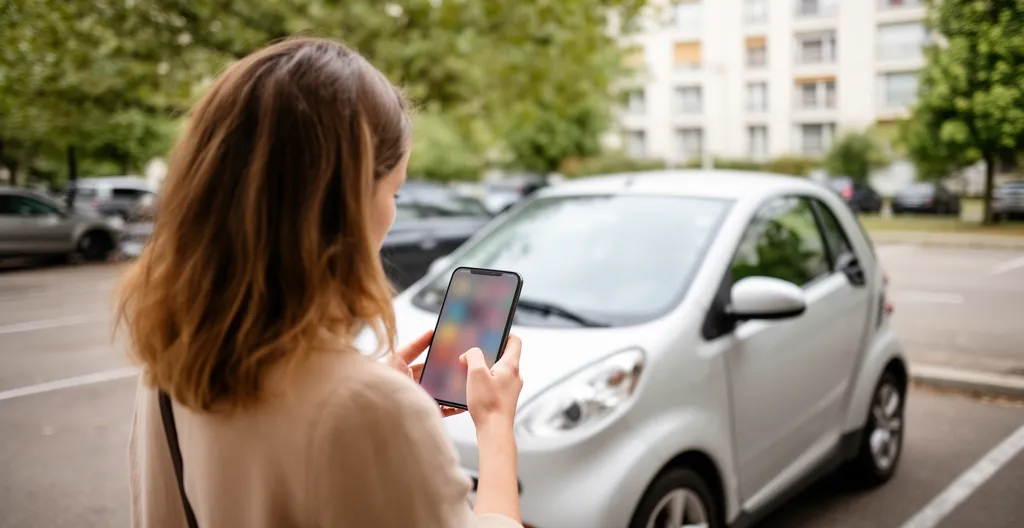 Conductrice consultant son application d'assurance auto près de sa voiture