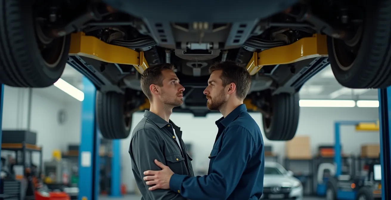 Vue d'ensemble d'un garage automobile avec un technicien travaillant sous un véhicule surélevé.