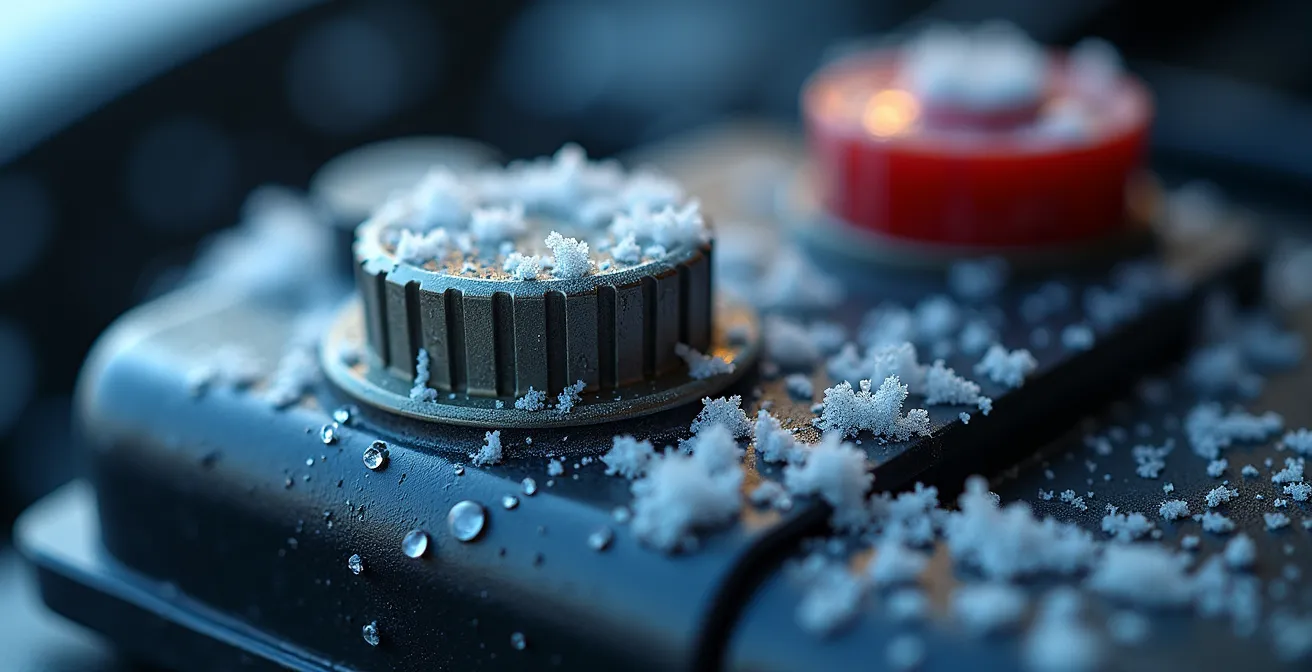 Batterie AGM dans un compartiment moteur avec givre en arrière-plan