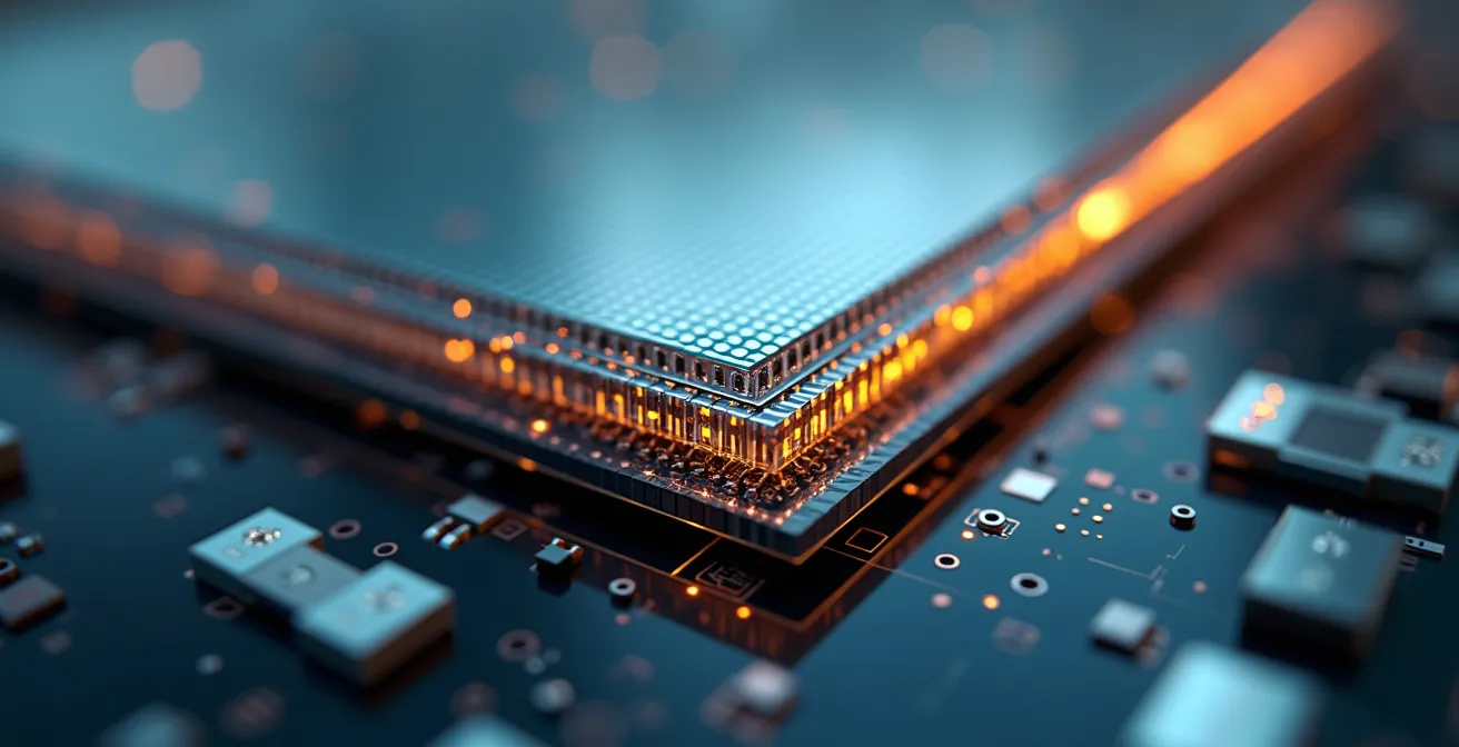 Vue macro d'une dalle d'écran tactile automobile montrant les couches techniques et points de connexion