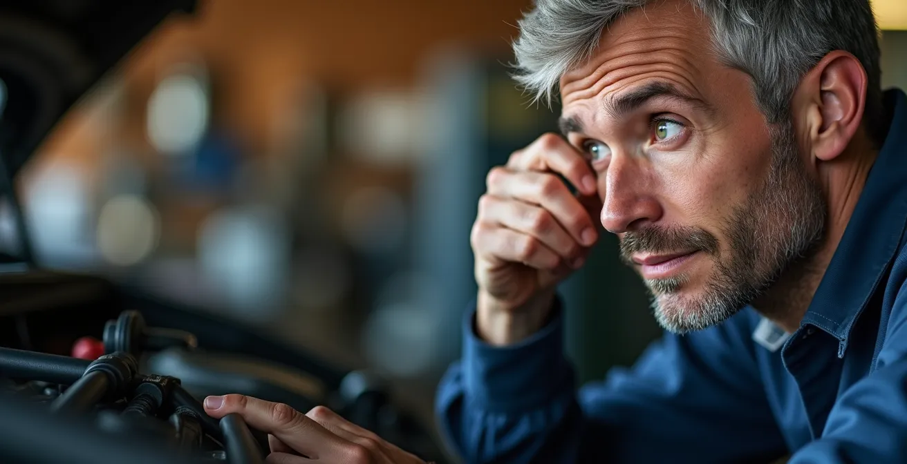 Mécanicien écoutant attentivement le moteur d'une voiture avec une expression concentrée