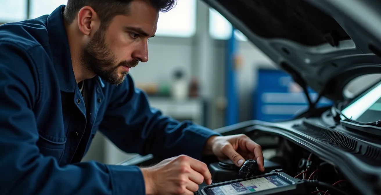 Technicien automobile concentré, effectuant un diagnostic avec une valise sur un calculateur moteur.