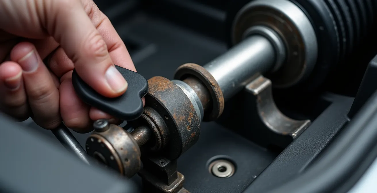 Gros plan sur un vérin de coffre automobile avec une main testant sa résistance.