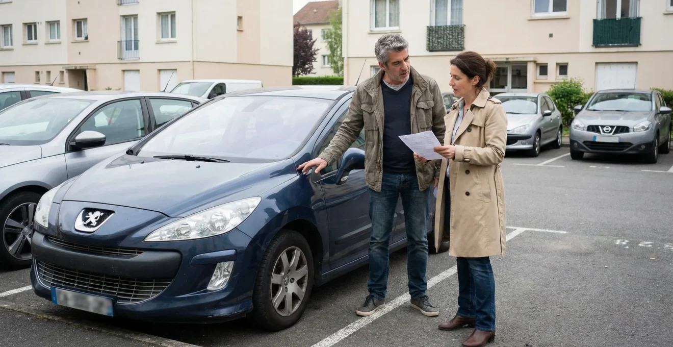 Deux adultes évaluant l'état d'une voiture d'occasion avant assurance