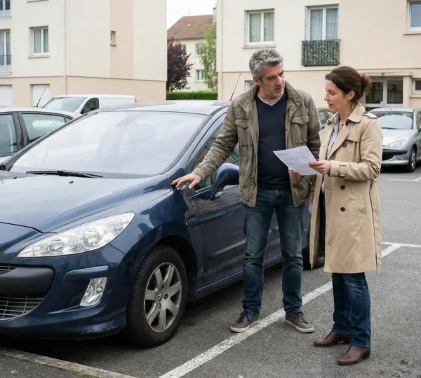 Deux adultes évaluant l'état d'une voiture d'occasion avant assurance