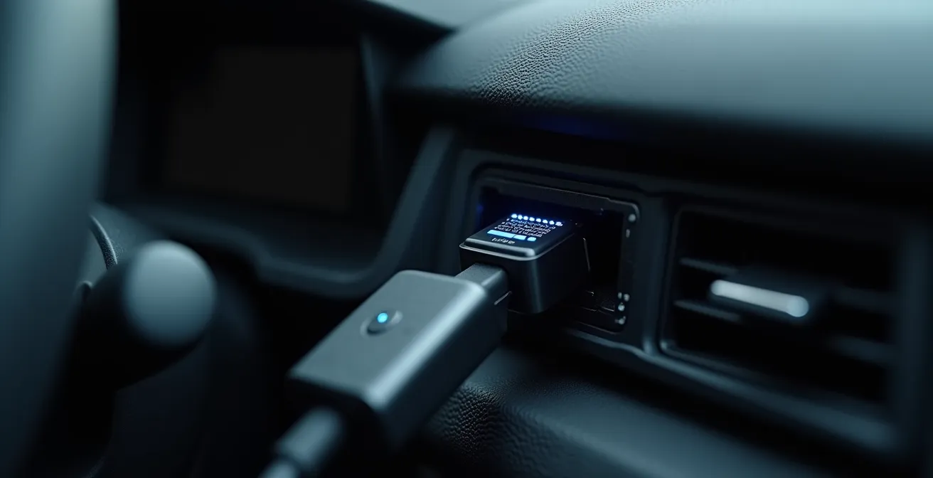 Dongle OBD Bluetooth connecté sous le tableau de bord avec smartphone affichant des données diagnostiques