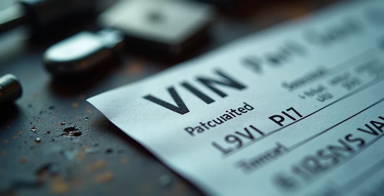 Vue détaillée d'une carte grise avec numéro VIN et écran d'ordinateur montrant catalogue pièces