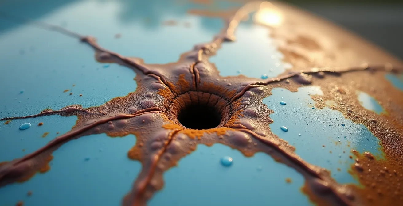 Gros plan sur un impact de gravillon avec début de corrosion sur capot de voiture