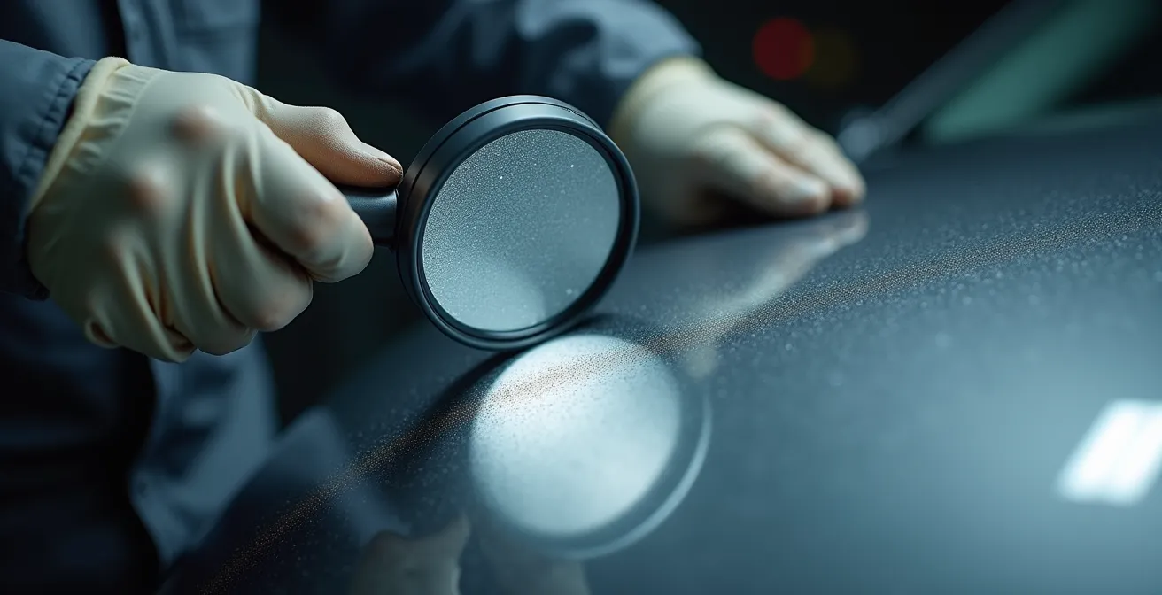 Expert automobile inspectant minutieusement la carrosserie d'un véhicule professionnel