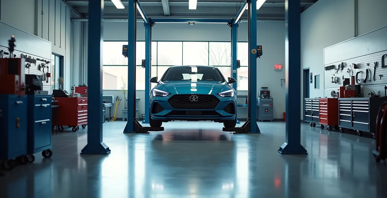 Vue large d'un atelier automobile moderne avec un véhicule surélevé sur un pont élévateur