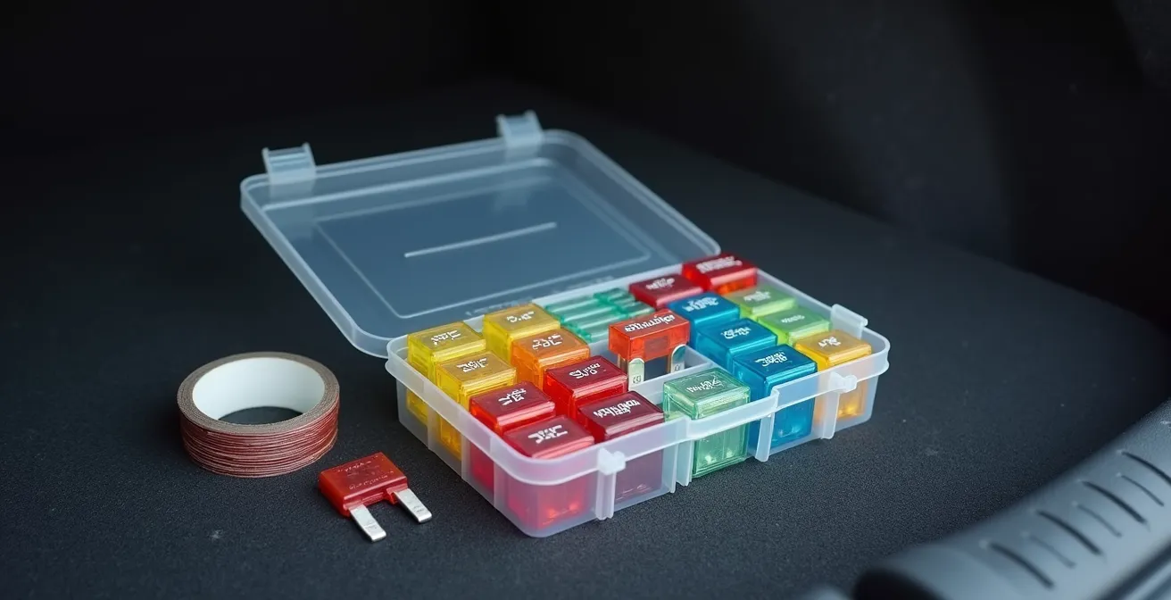 Kit de fusibles de rechange organisé dans une boîte compartimentée pour véhicule