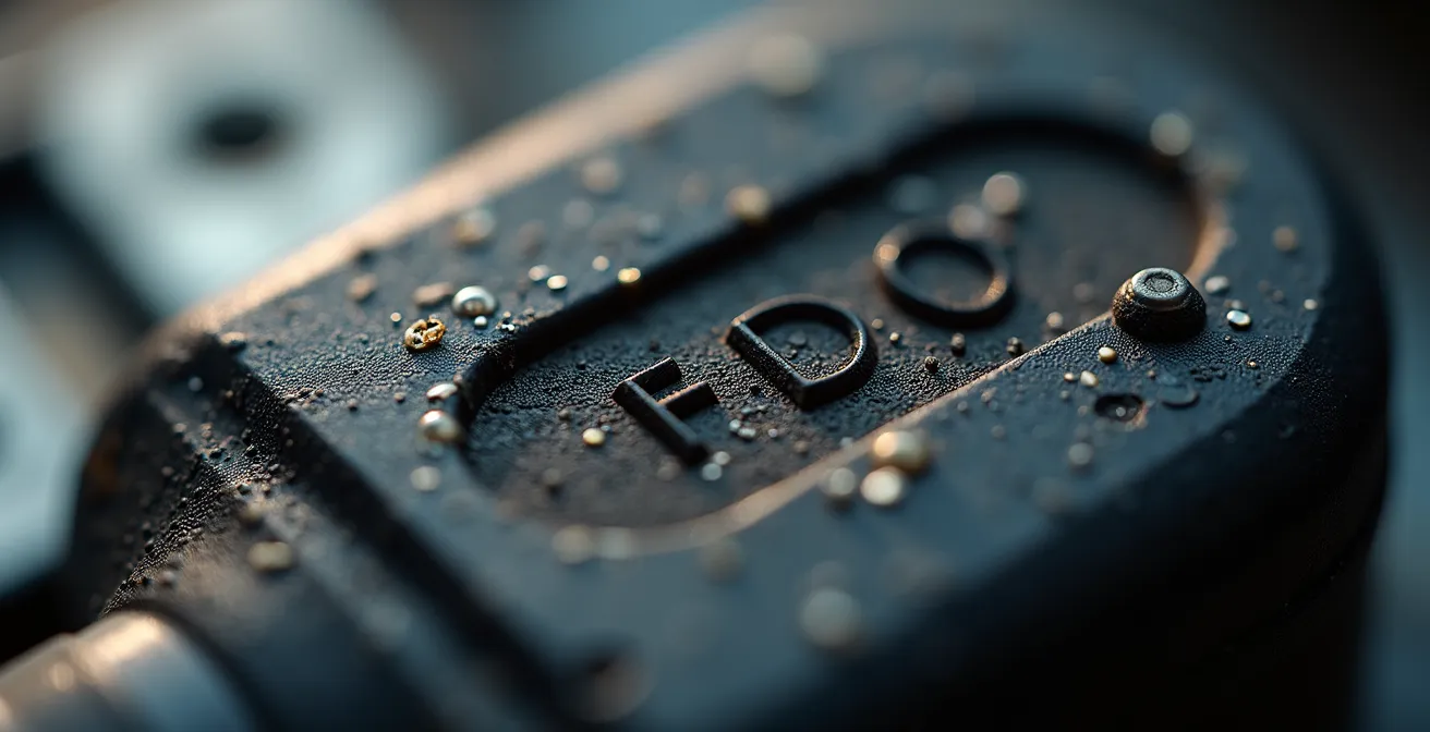 Vue macro d'un capteur moteur encrassé montrant les détails de texture et d'accumulation de résidus