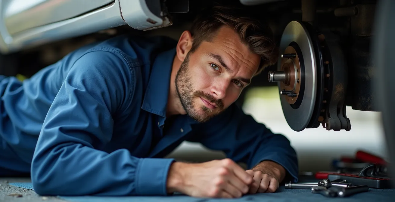 Mécanicien mobile travaillant sous un véhicule sur le parking d'un centre de contrôle technique