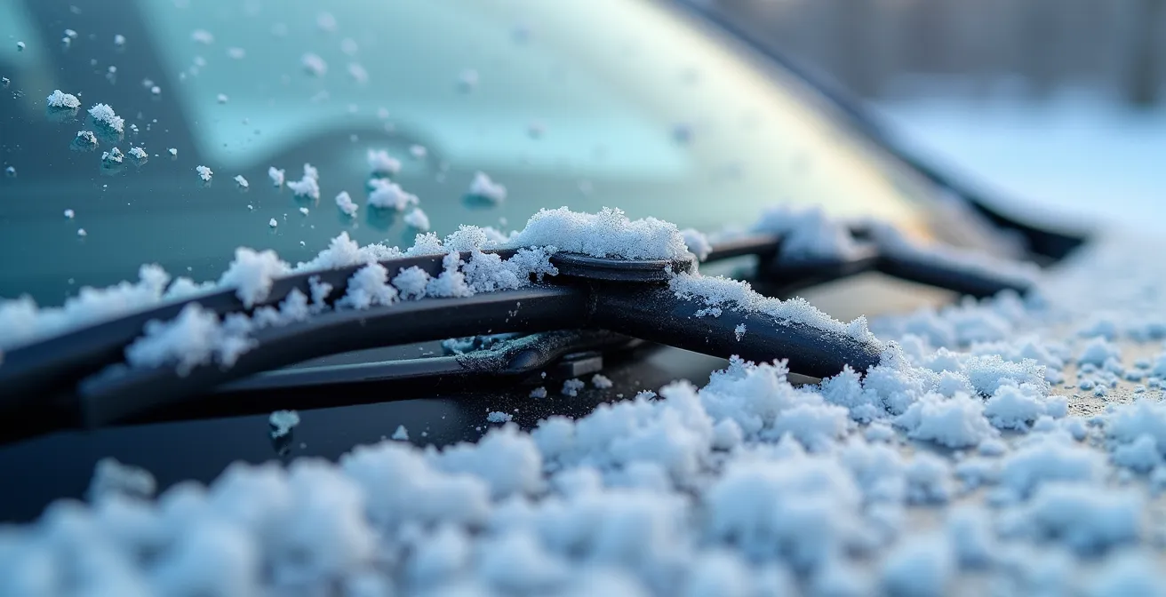 Vue détaillée du mécanisme de tringlerie d'essuie-glace sous contrainte hivernale