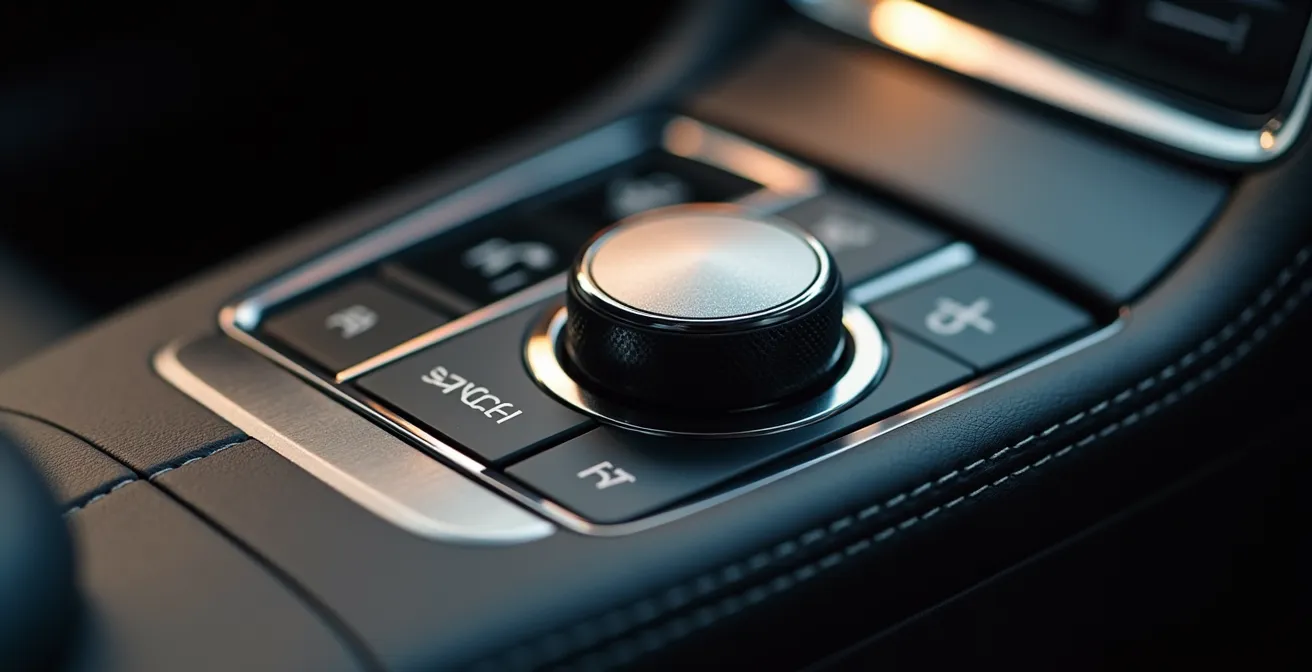 Vue macro d'un bouton de commande de toit ouvrant dans un habitacle automobile premium