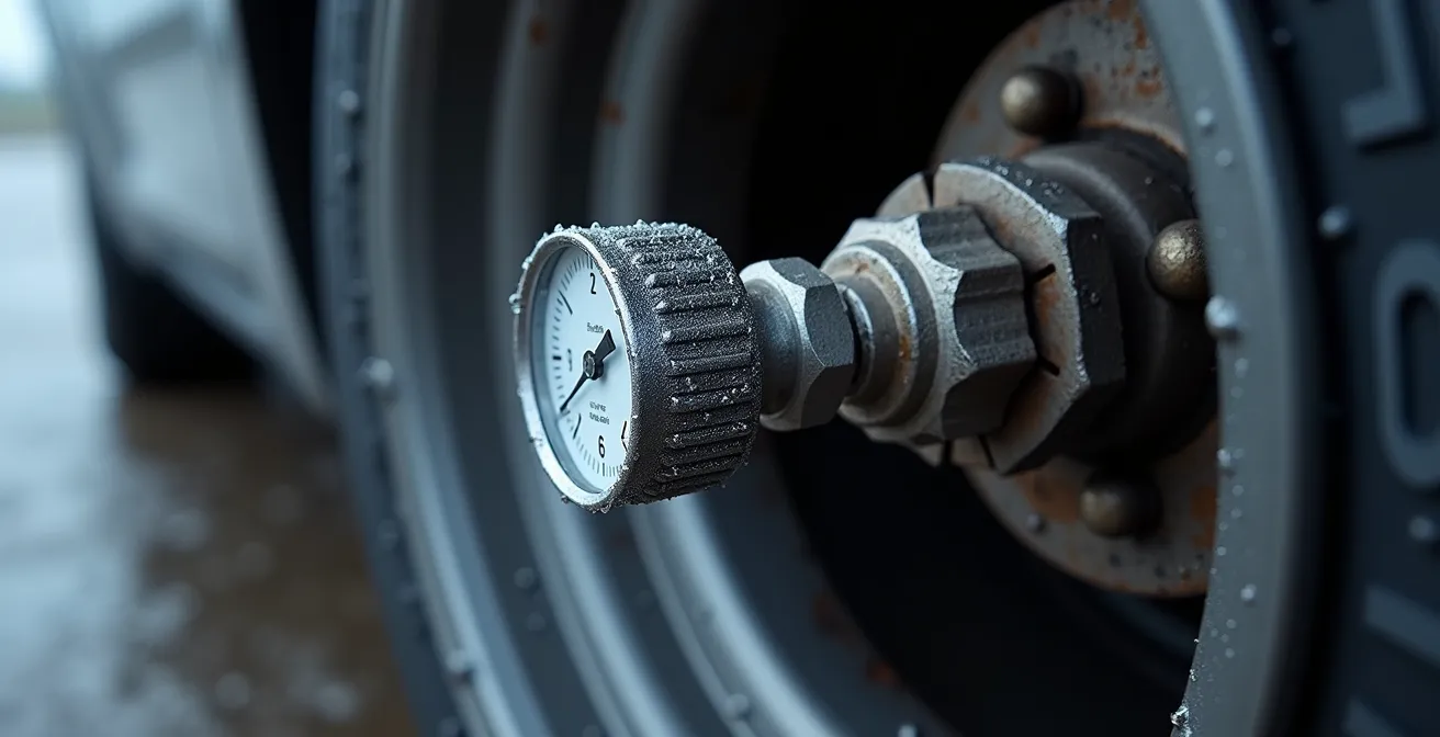 Gros plan sur valve de pneu avec manomètre montrant la pression à froid