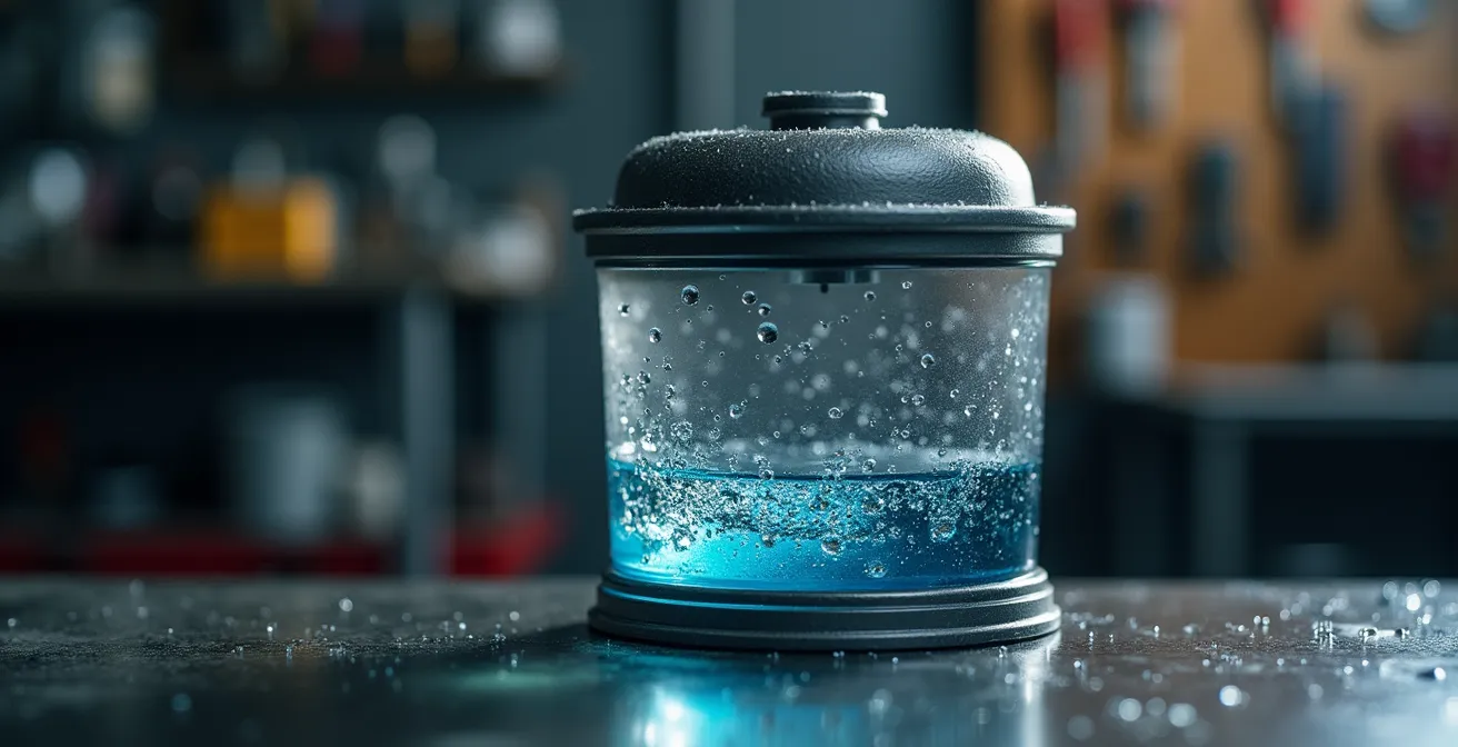 Vue latérale d'un filtre à gazole avec vis de purge et formation de condensation