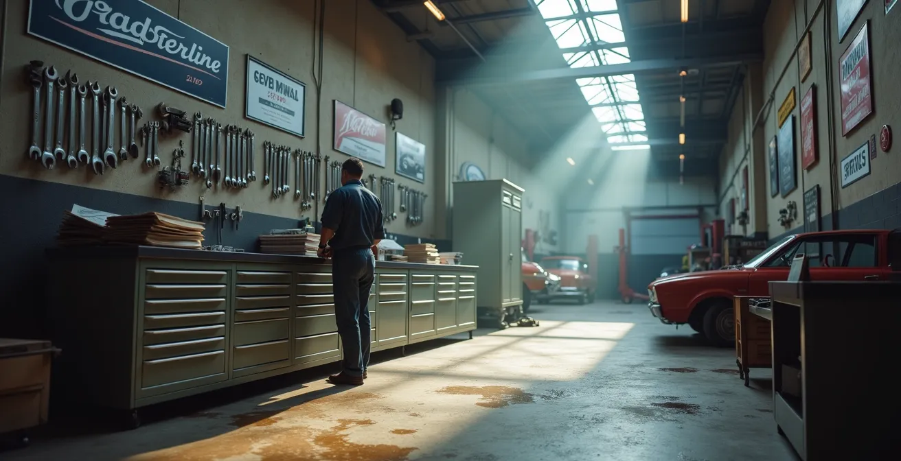 Mécanicien consultant des archives dans un garage automobile