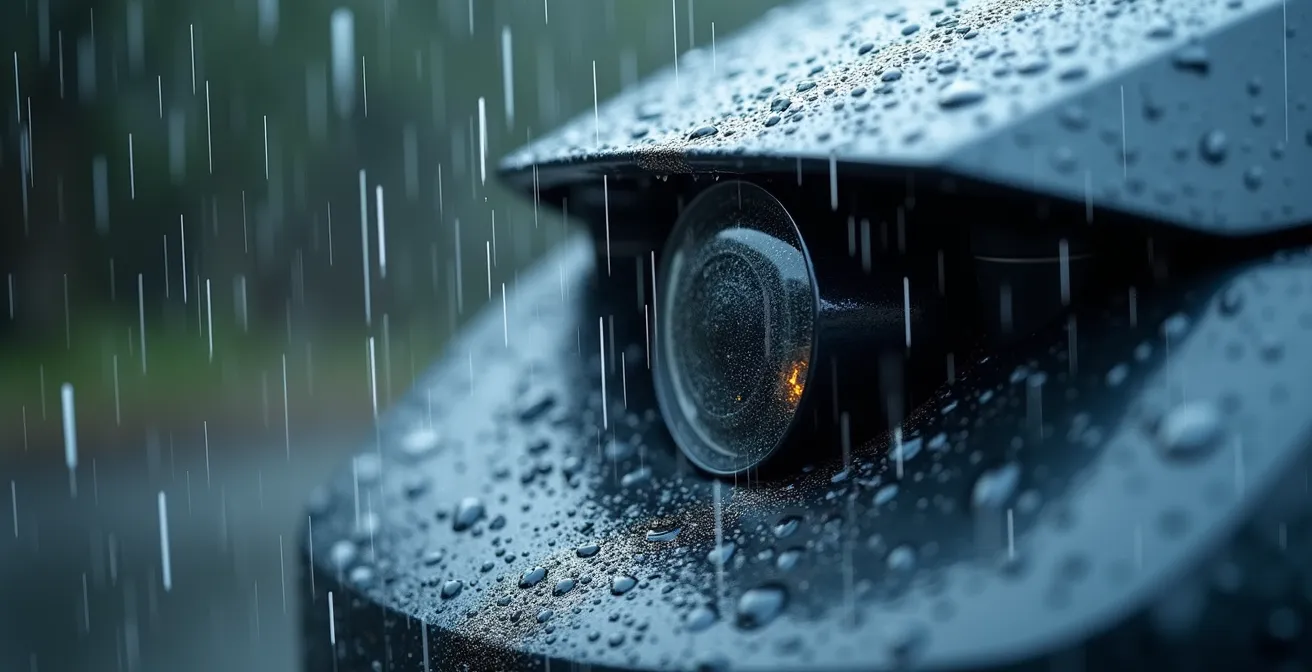 Capteurs radar et caméra d'un véhicule moderne sous pluie battante montrant les interférences