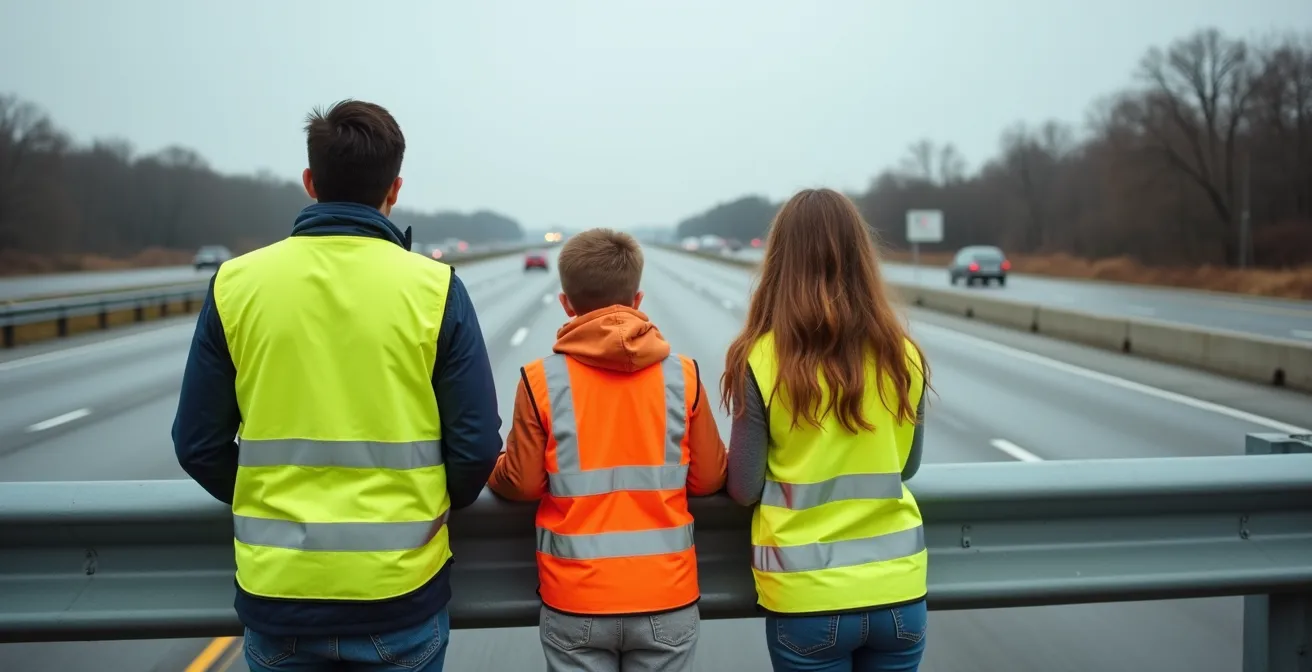 Vue large d'une famille en gilets haute visibilité derrière une glissière de sécurité sur autoroute