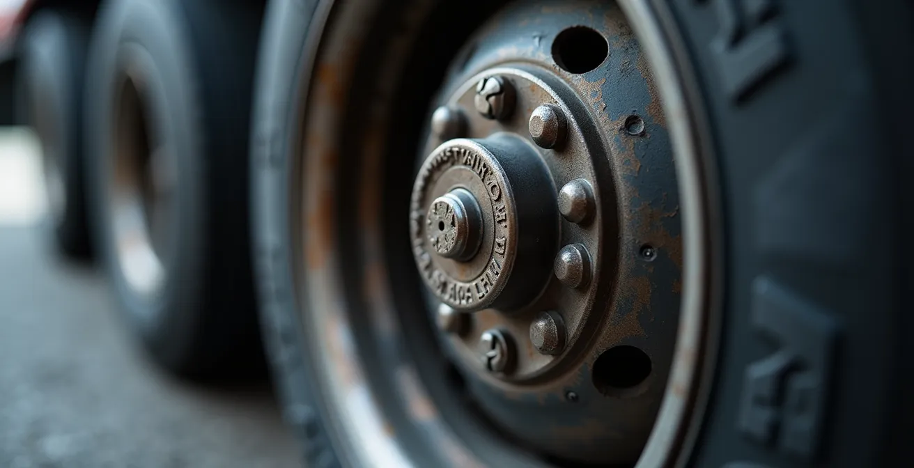 Gros plan sur un capteur TPMS installé sur la valve d'un pneu de camion